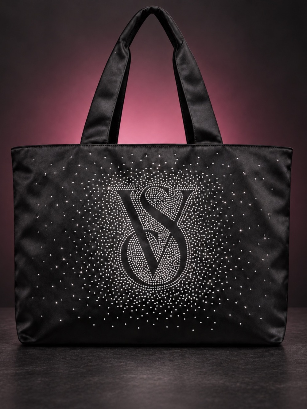 Victoria's Secret Black Satin Shine Crystal Rhinestone Logo Large Tote Bag